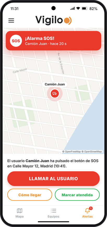 Alerta SOS con los botones Llamar al usuario y Cómo llegar