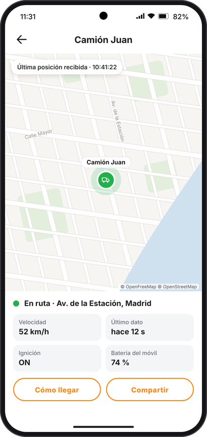 Detalle de un equipo: velocidad, ignición y batería