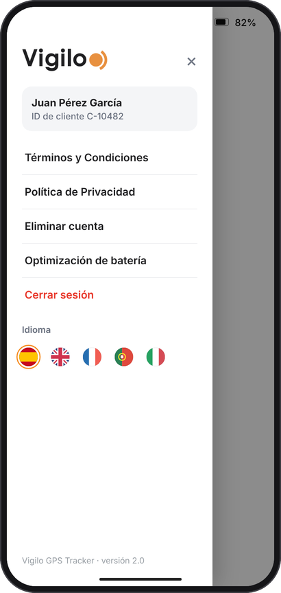 Menú lateral de la app