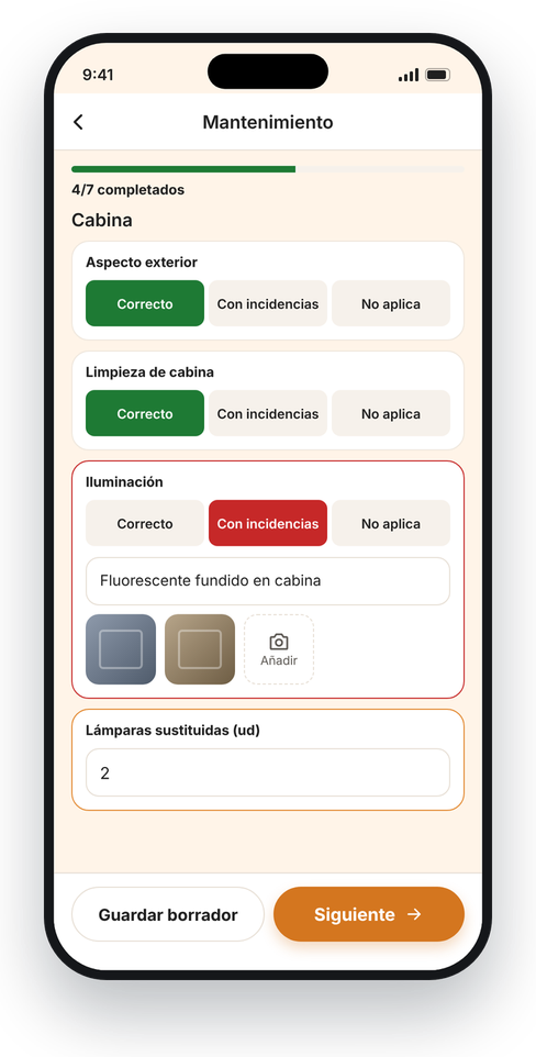 Checklist de mantenimiento con una incidencia y fotos