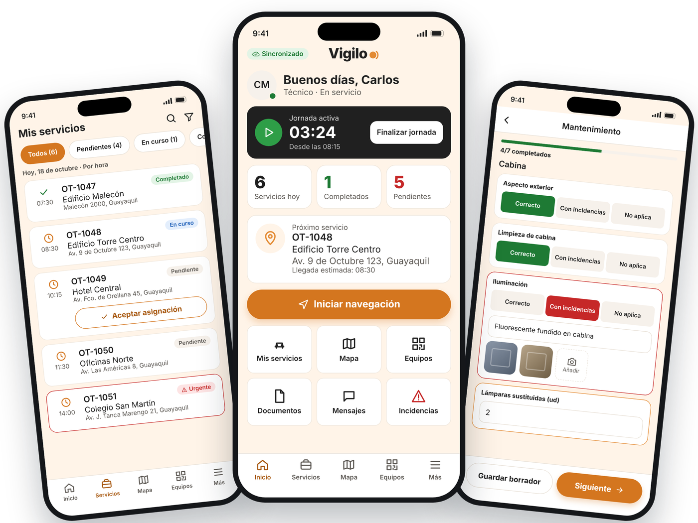 App VIGILO Service: servicios del día, inicio de jornada y checklist