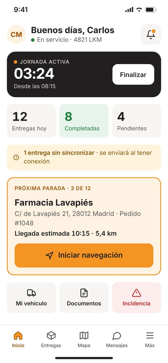 Pantalla de inicio de la app con la jornada activa