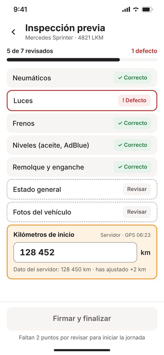 Inspección previa del vehículo en la app